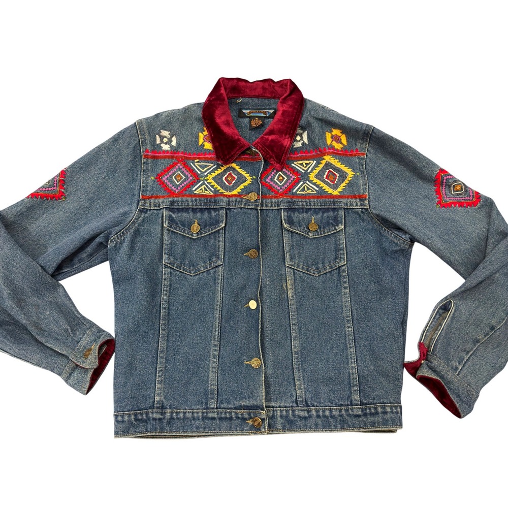Vtg Shaver Lake Denim Jacket Medium Aztec Embroidery Velvet Collar Blue Jean